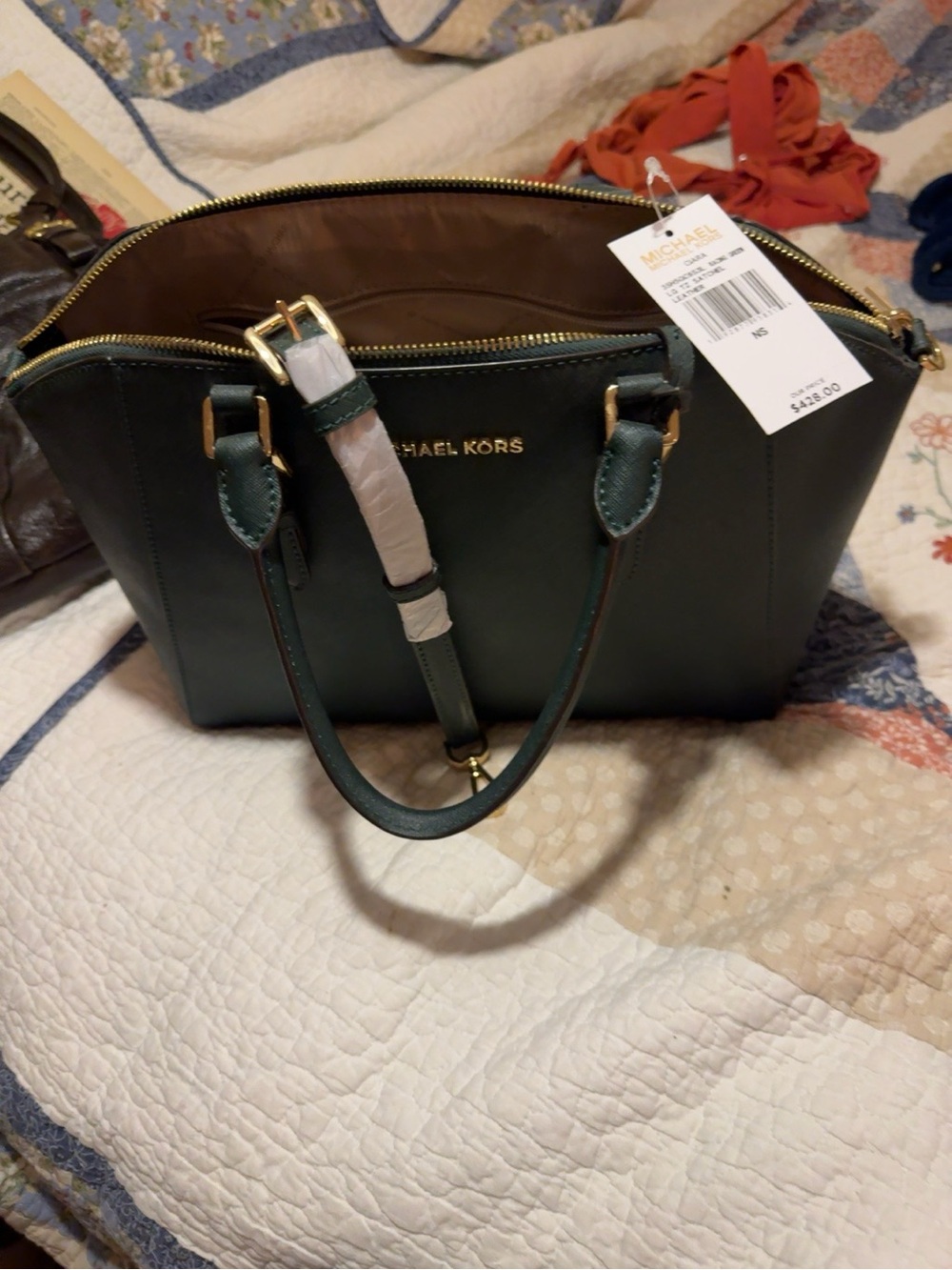 Michael Kors moss Green Leather Satchel Handbag new with tag